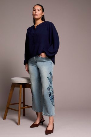 Audrey Embroidered Wide Leg Mid Rise Jeans-Newblue