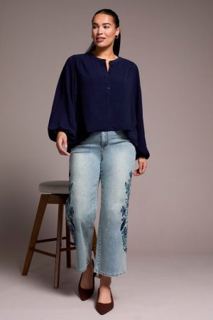 Audrey Embroidered Wide Leg Mid Rise Jeans-Newblue