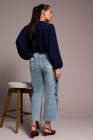 Audrey Embroidered Wide Leg Mid Rise Jeans-Newblue