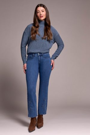 Audrey High Rise Kick Flare Jeans With Embossed Flower Detail-Softnavy