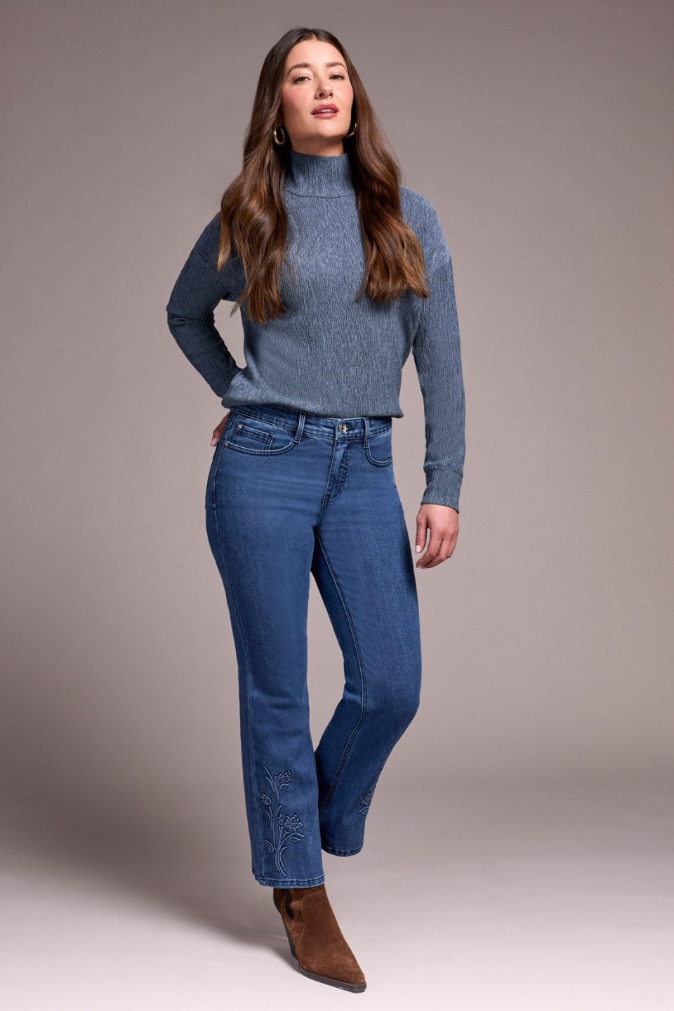 Audrey High Rise Kick Flare Jeans With Embossed Flower Detail-Softnavy
