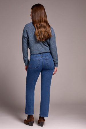 Audrey High Rise Kick Flare Jeans With Embossed Flower Detail-Softnavy