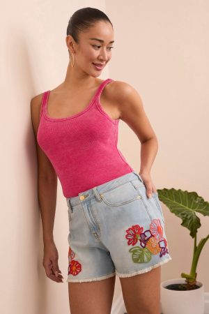 Audrey Lightweight Embroidered Jean Shorts-Bluetropic