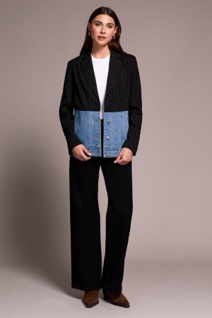 Blue Thread Mixed Media Pin Stripe & Denim Blazer-Blackout