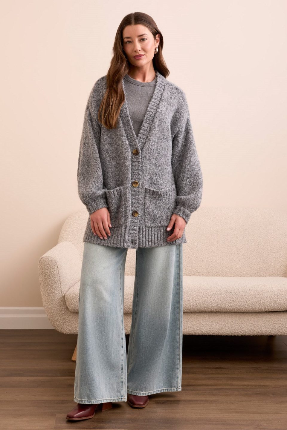 Blue Thread Oversize Puff Sleeve Sweater Cardigan-H charcoal