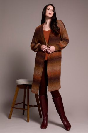 Boucle Space Dye Puff Sleeve Long Cardigan-M dk toffee