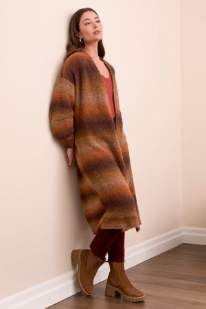 Boucle Space Dye Puff Sleeve Long Cardigan-M dk toffee