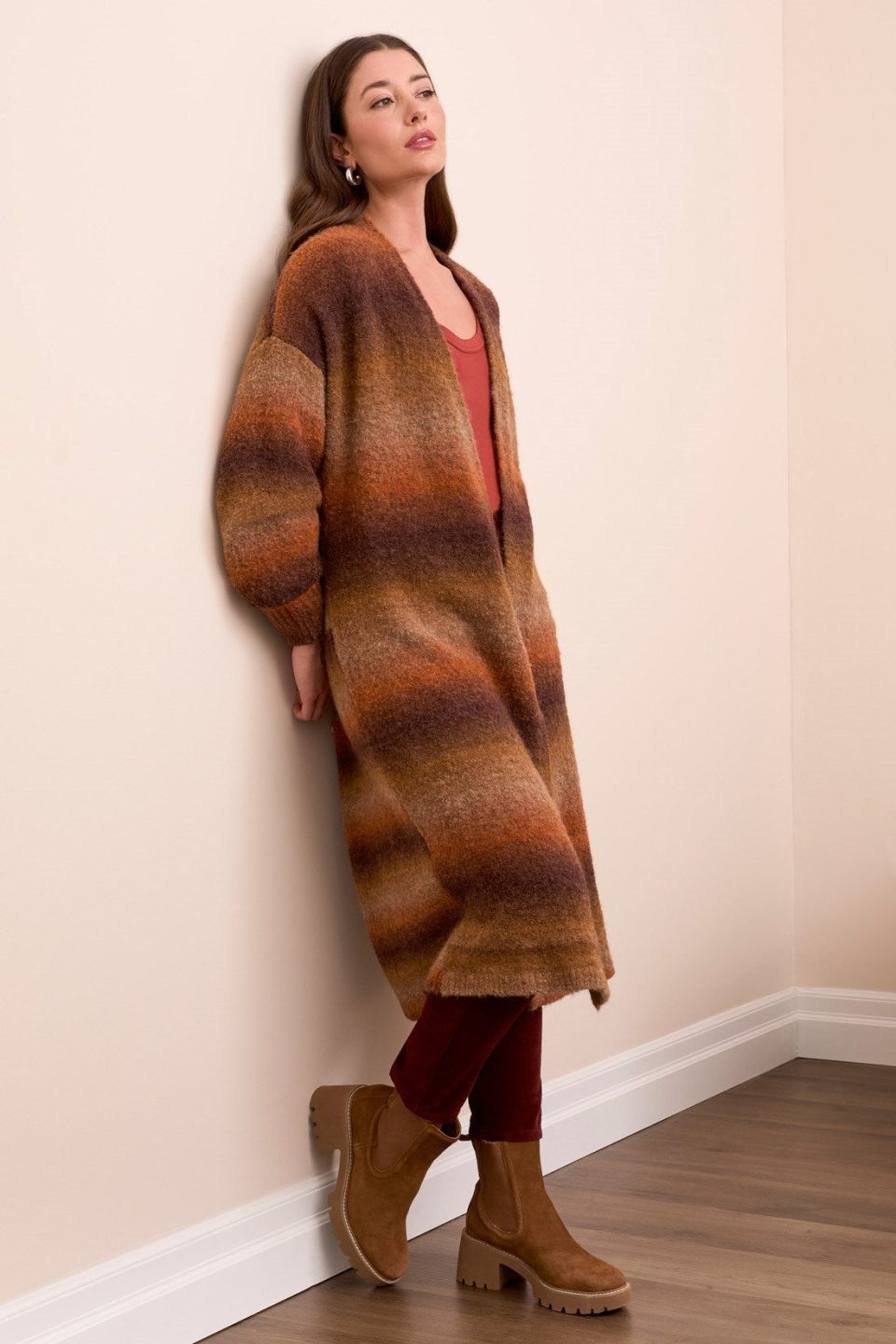 Boucle Space Dye Puff Sleeve Long Cardigan-M dk toffee