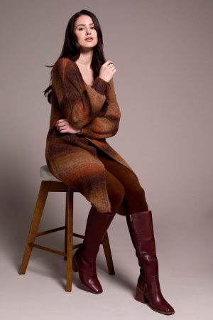 Boucle Space Dye Puff Sleeve Long Cardigan-M dk toffee