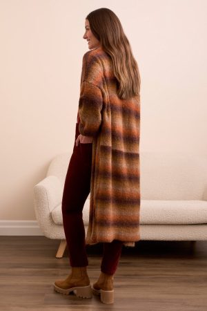Boucle Space Dye Puff Sleeve Long Cardigan-M dk toffee