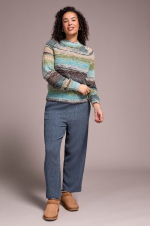 Boucle Yarn Mock Neck Puff Sleeve Sweater-Aquahaze