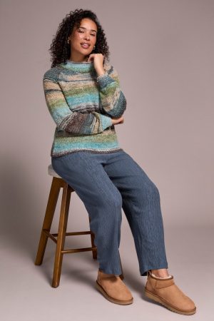 Boucle Yarn Mock Neck Puff Sleeve Sweater-Aquahaze