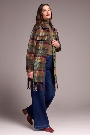 Brushed Plaid Fringe-Hem Button-Front Shacket-Passion plum