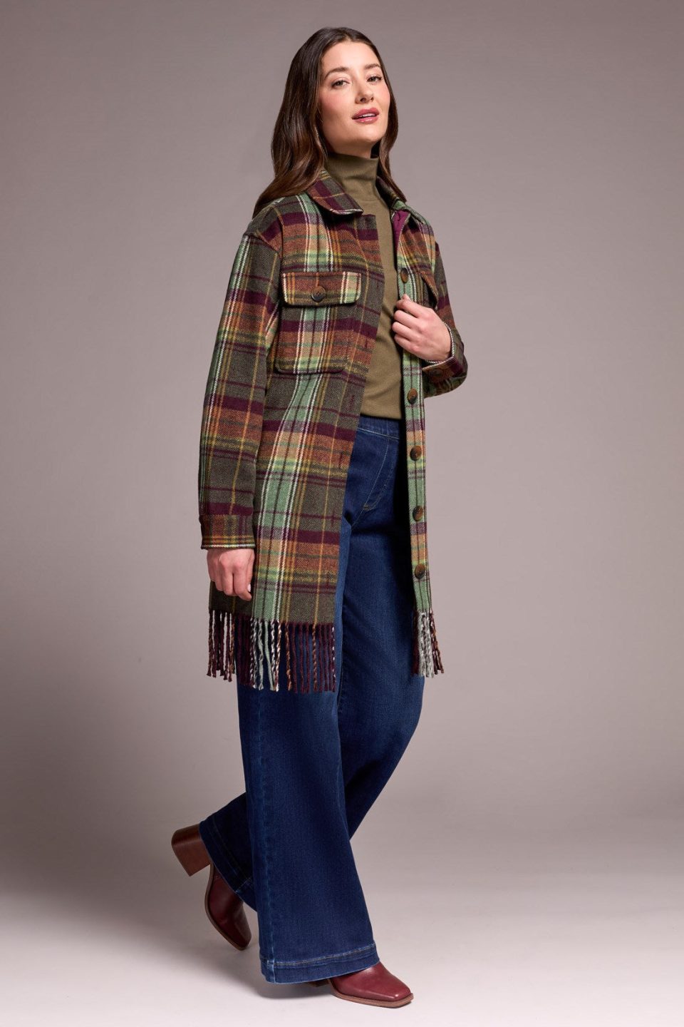 Brushed Plaid Fringe-Hem Button-Front Shacket-Passion plum