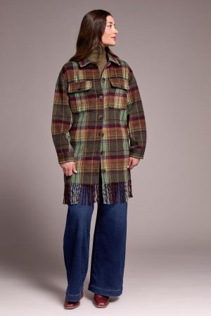 Brushed Plaid Fringe-Hem Button-Front Shacket-Passion plum