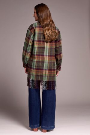 Brushed Plaid Fringe-Hem Button-Front Shacket-Passion plum
