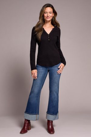 Brushed Waffle Knit Henley Long Sleeve Top-Black