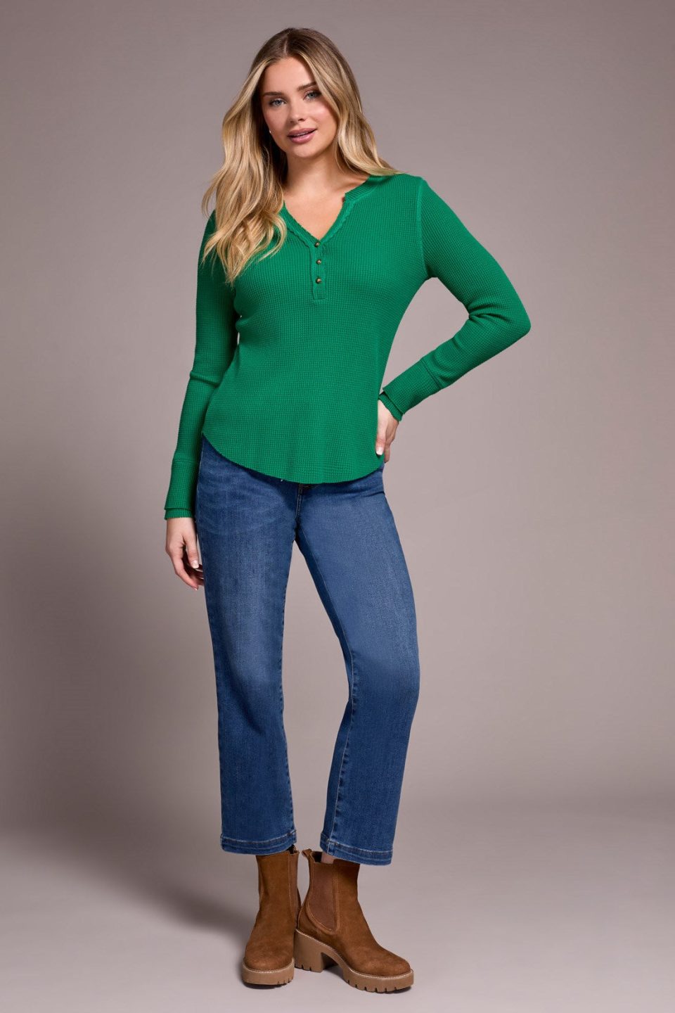 Brushed Waffle Knit Henley Long Sleeve Top-Fieldgreen