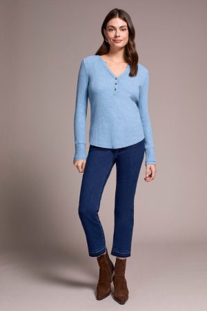 Brushed Waffle Knit Henley Long Sleeve Top-H denim