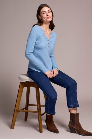 Brushed Waffle Knit Henley Long Sleeve Top-H denim