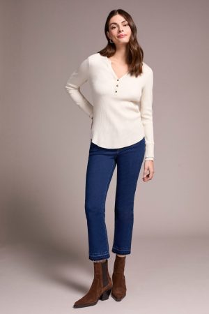 Brushed Waffle Knit Henley Long Sleeve Top-H eggshell