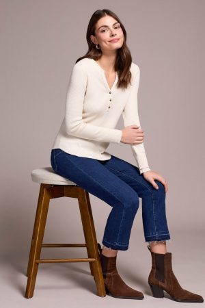 Brushed Waffle Knit Henley Long Sleeve Top-H eggshell