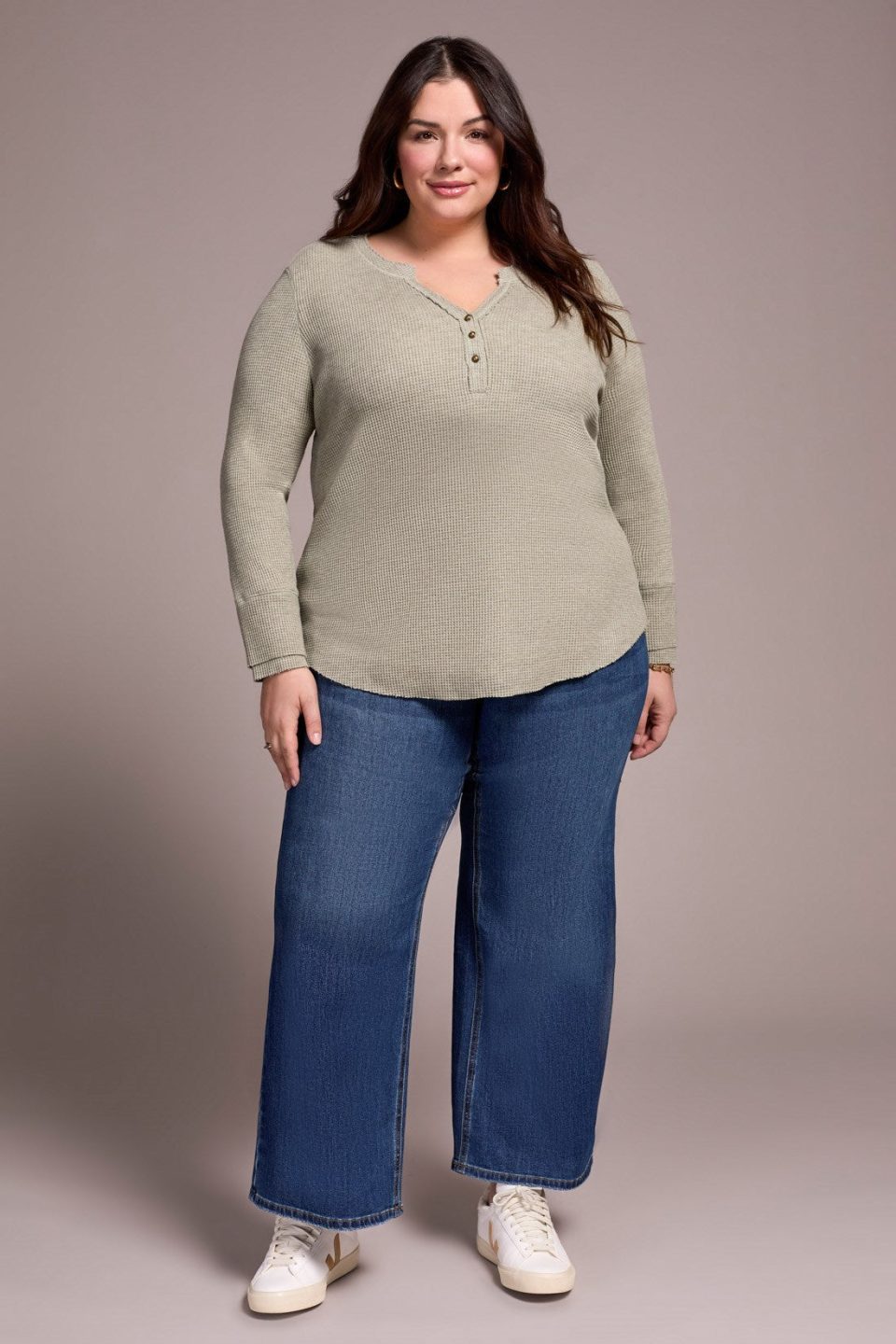 Brushed Waffle Knit Henley Long Sleeve Top-H oliveleaf