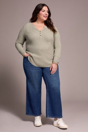 Brushed Waffle Knit Henley Long Sleeve Top-H oliveleaf