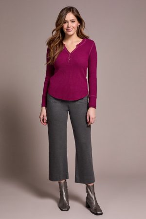 Brushed Waffle Knit Henley Long Sleeve Top-H plumwine