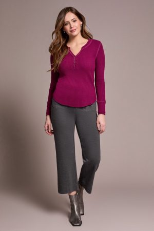 Brushed Waffle Knit Henley Long Sleeve Top-H plumwine