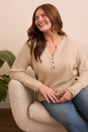 Brushed Waffle Knit Henley Long Sleeve Top-Oatmeal