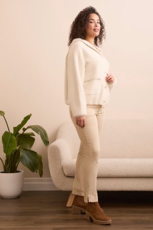 Eyelash Button-Front Elastic Hem Sweater Cardigan-Moonstone