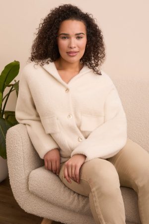 Eyelash Button-Front Elastic Hem Sweater Cardigan-Moonstone