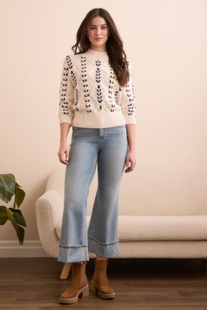 Cable-Knit 3/4 Sleeve Mock Neck Sweater-Moonstone