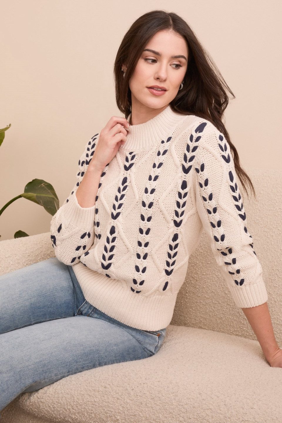 Cable-Knit 3/4 Sleeve Mock Neck Sweater-Moonstone
