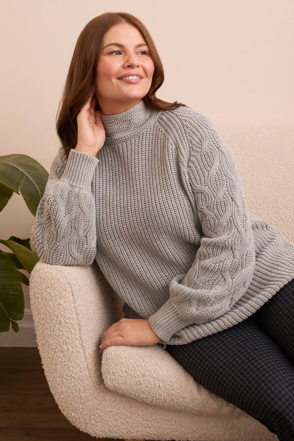 Cable Knit Mock Neck Sweater-Grey mix