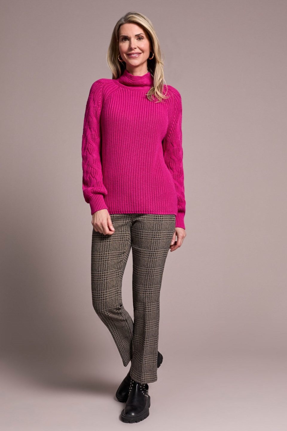 Cable Knit Mock Neck Sweater-Pink flambe