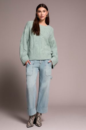 Cable-Knit Textured Crewneck Sweater-H silverpine