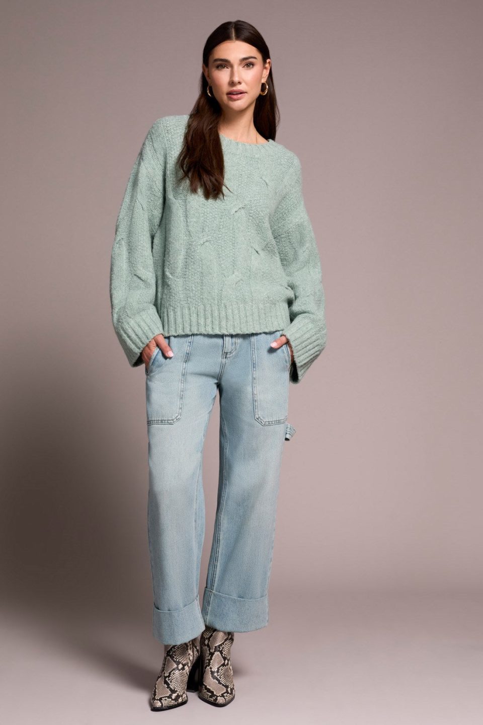 Cable-Knit Textured Crewneck Sweater-H silverpine