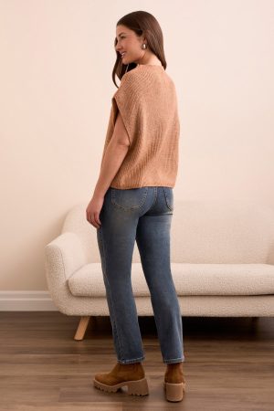 Cap Sleeve Mock Neck Knit Top-Bran