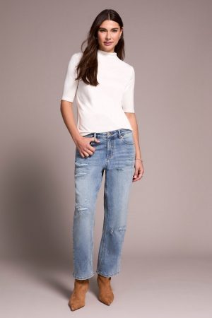 Audrey Distressed Denim Girlfriend Jeans-Washedblue
