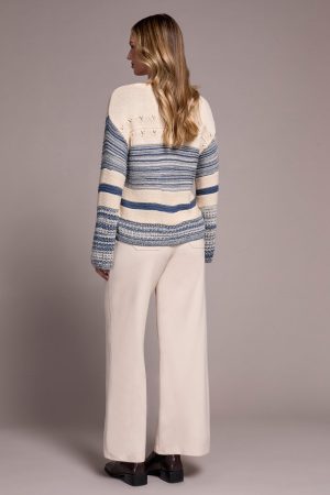 Color Block Bell Sleeve Boat Neck Sweater-Slateblue