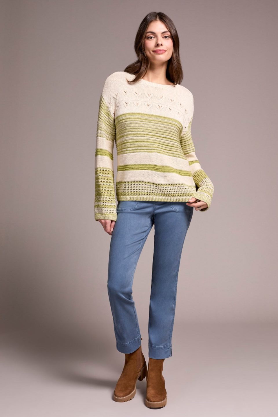 Color Block Bell Sleeve Boat Neck Sweater-Wasabi