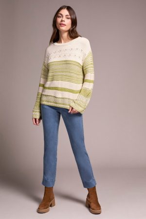 Color Block Bell Sleeve Boat Neck Sweater-Wasabi