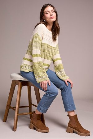 Color Block Bell Sleeve Boat Neck Sweater-Wasabi
