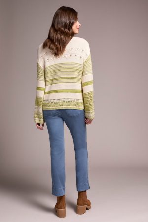Color Block Bell Sleeve Boat Neck Sweater-Wasabi