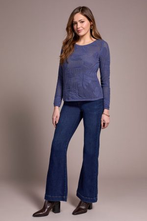 Openwork Knit Jacquard Leaf Sweater -Marine