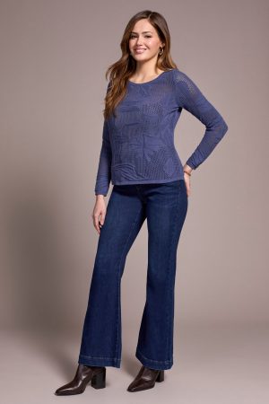 Openwork Knit Jacquard Leaf Sweater -Marine