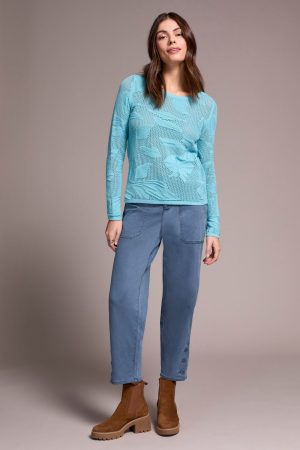 Openwork Knit Jacquard Leaf Sweater-Mistblue