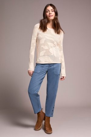 Openwork Knit Jacquard Leaf Sweater -Moonstone